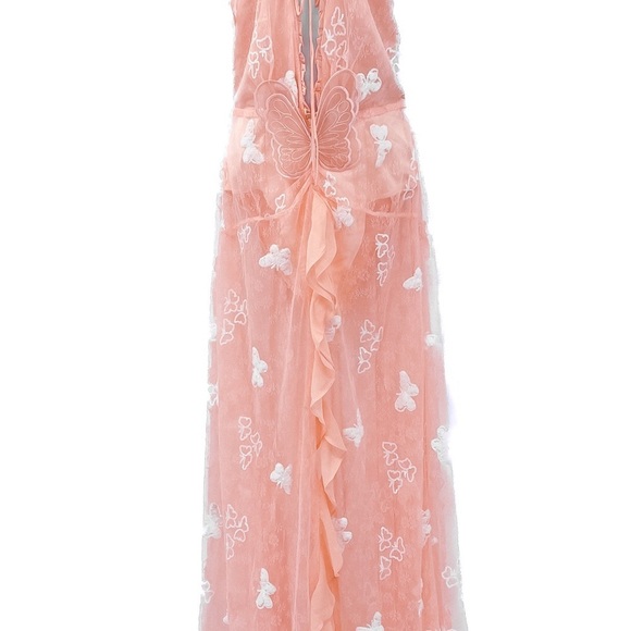 For Love & Lemons Beckett Lace Sheer Butterfly Sequin Bodysuit Maxi Dress Pink - Picture 12 of 16